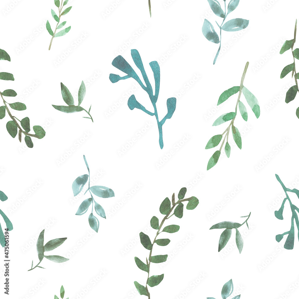 Seamless pattern of green, mint leaves. A set of leaves. Endless pattern. Good for weddings, invitations, cards, textiles.