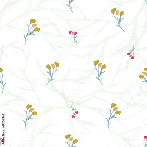Floral seamless pattern on a white background. Yellow wildflowers and plants. Textured background. Hand drawn watercolor illustration.