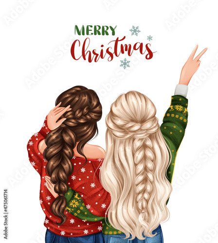 Two girls in winter sweaters celebrating Christmas. Hand drawn fashion illustration
