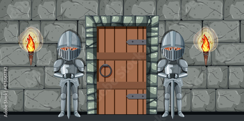 Two medievals standing guard in front of the door