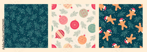 Vector set seamless background. Gingerbread man and Christmas tree on a dark background, Christmas toys. Design for gift wrapping paper, fabric, clothes, textile, wallpaper.  photo