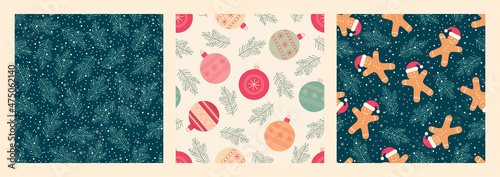 Vector set seamless background. Gingerbread man and Christmas tree on a dark background, Christmas toys. Design for gift wrapping paper, fabric, clothes, textile, wallpaper. 
