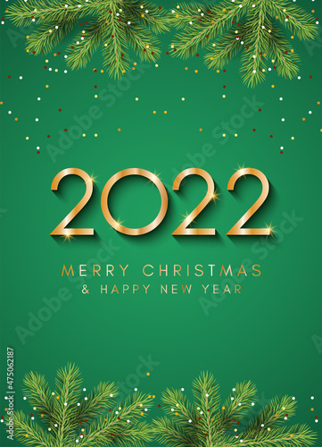 Gold text 2022   Merry Christmas and Happy New Year greeting card. Christmas tree on a green background. Vector Illustration.