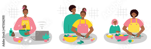 Black people cook in the kitchen. African American woman, man, child prepare healthy food. Set of Vector Flat Illustration. Isolated on a white background.