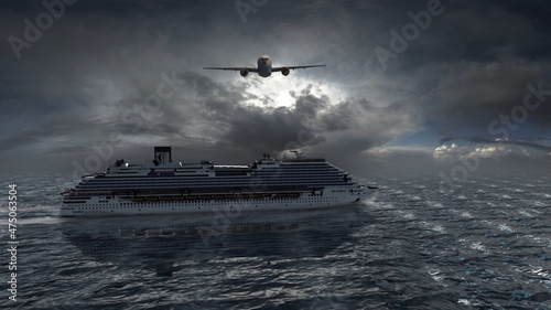 Cruise ship in the open sea with jet airliner flying above, aerial view Airplane above large cruise ship, holyday travel concept, drone shot 