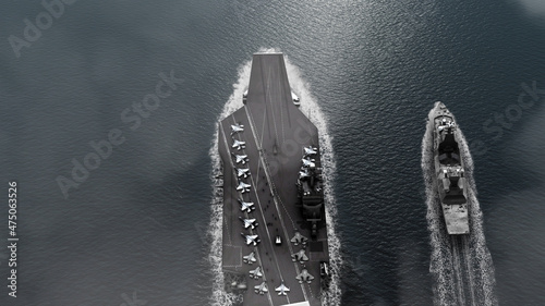 Obraz na plátne Usa Aircraft carrier with israel Battleship crossing the sea 
High altitude view