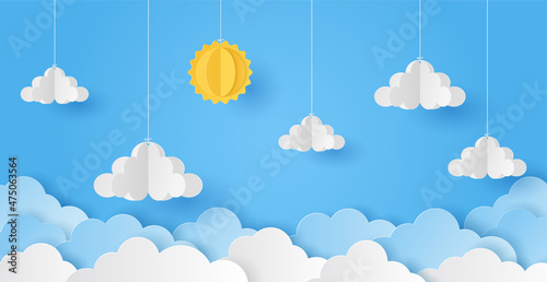 Paper cut of sun and cloud on blue sky background. Vector illustration