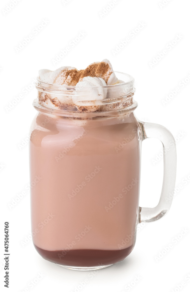 Mason jar of tasty coffee with cinnamon and marshmallows on white background Mason jar of tasty coffee with cinnamon and marshmallows on white background