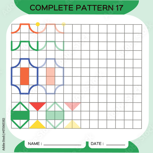 Repeat Pattern, Puzzle. Copy Picture. Special for preschool kids. Printable Kids Worksheet for practicing fine motor skills. Learn colors. Attention Exercise. Teachers Resources. Green.