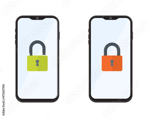 Vector illustration of a notification of a locked and unlocked mobile phone. Smartphone security, personal access, user authorization, login, security technology.
