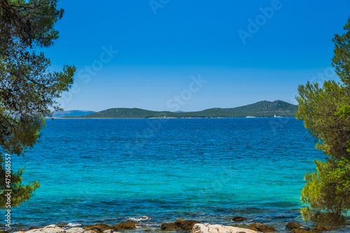 Turquoise lagoon in Pakostane, on Adriatic coast in Croatia. Beautiful Mediterranean landscape. 