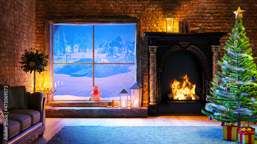 Canvastavla 3D illustration of cozy fireplace with Christmas tree