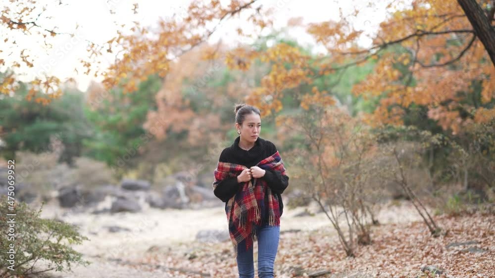 紅葉の公園で遊ぶ女性 紅葉の公園で遊ぶ女性