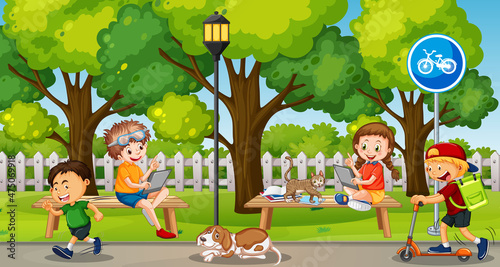 Park scene with children using technology devices
