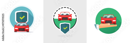Car insurance secure icon vector with shield protection and auto safe protection security hand as assurance reliability guarantee and automobile support warranty guard flat cartoon logotypes