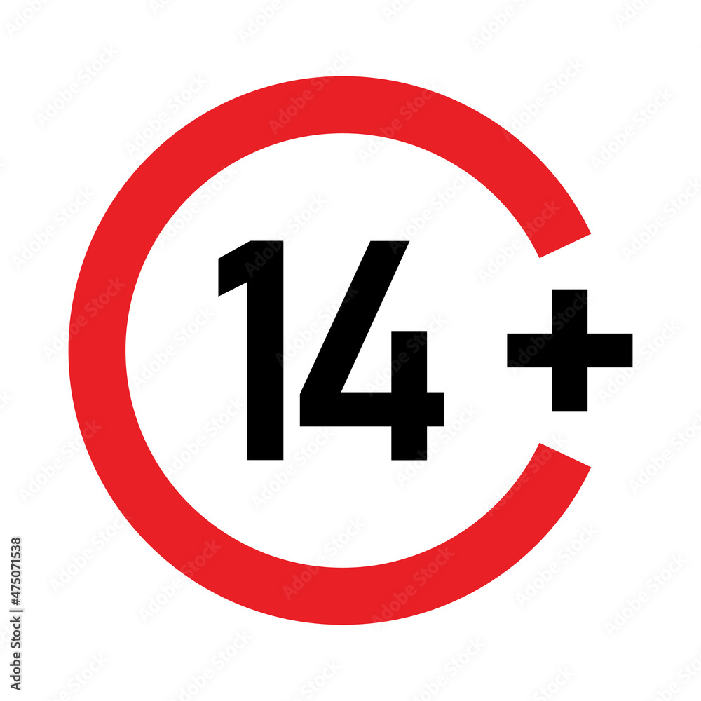 14 plus sign. Fourteen. For adults only. Age restrictions, censorship, parental control. Icon for content, movies and toys. 14 plus sign. Fourteen. For adults only. Age restrictions, censorship, parental control. Icon for content, movies and toys.