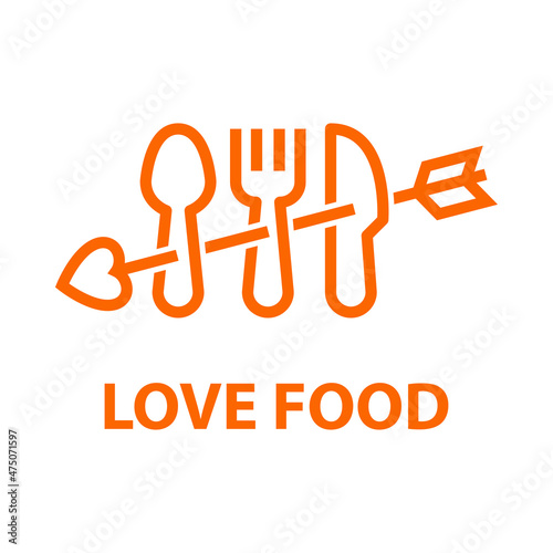Banner con texto Love Food con cubiertos con flecha de cupido con líneas en color naranja