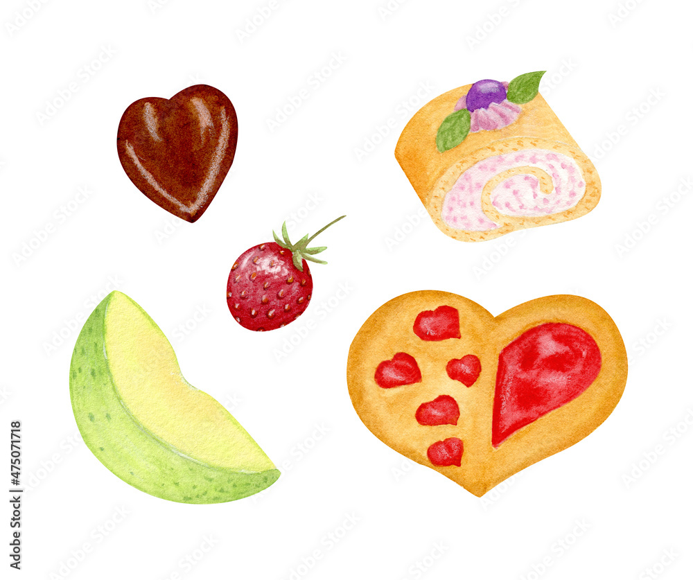 Naklejka premium Set with cookies, sweet roll, fruit and chocolate candy. Watercolor desserts. Dessert for coffee, tea. Green apple slice, heart cookie, strawberry and chocolate candy isolated on white.