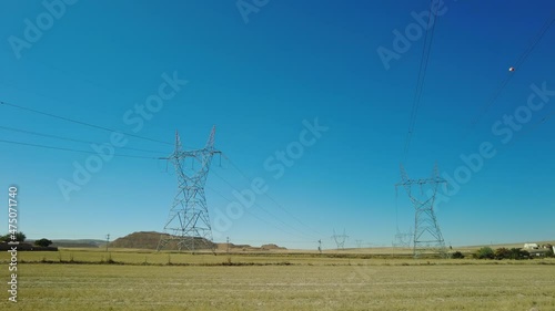 Power lines. High voltage, electricity transmission pylon. Power lines supply wire.