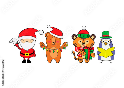 Collection of cute stickers in Christmas style. Vector illustration of cartoon character in flat style for decorations, invitations and greeting cards for Christmas and New Year.