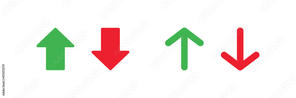 Arrown up down. Green red arrows. Increase decrease vector arrow set isolated on white background. Arrown up down. Green red arrows. Increase decrease vector arrow set isolated on white background.