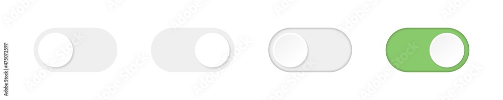 On off Switch. Toggle slide buttons vector mockup. Turn on off template isolated on white background. Slider mobile switch power. On off Switch. Toggle slide buttons vector mockup. Turn on off template isolated on white background. Slider mobile switch power.