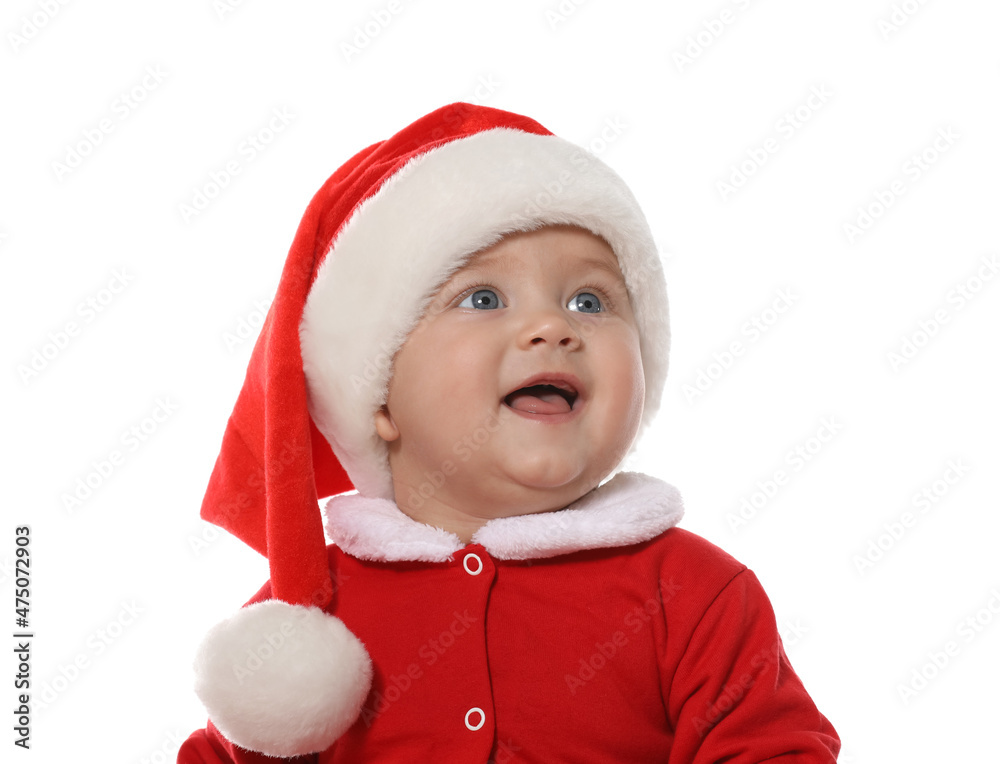Cute baby in Christmas costume on white background