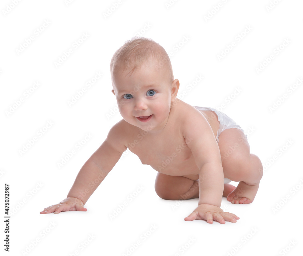 Cute baby in dry soft diaper crawling on white background Cute baby in dry soft diaper crawling on white background