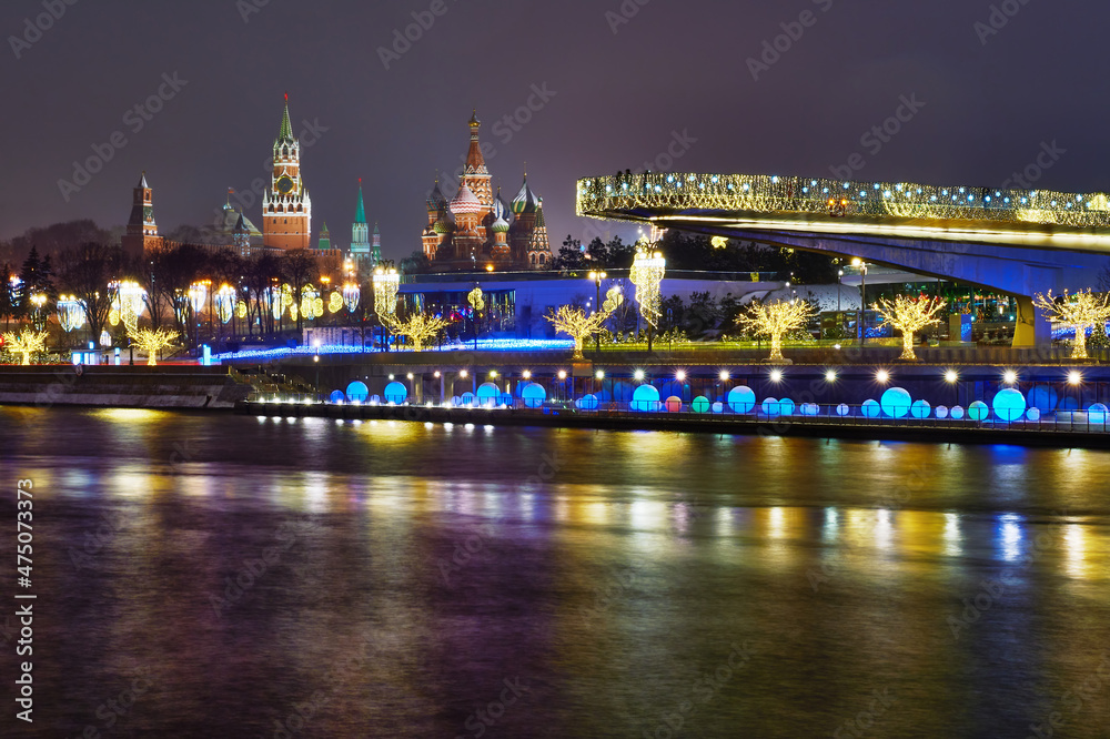 Moscow Kremlin and Red Square with New Year's illumination. Moscow tourist center, Russia