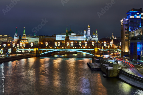 Moscow Kremlin at night  Russia. Panoramic view of the famous Moscow tourist center in winter with New Year s illumination