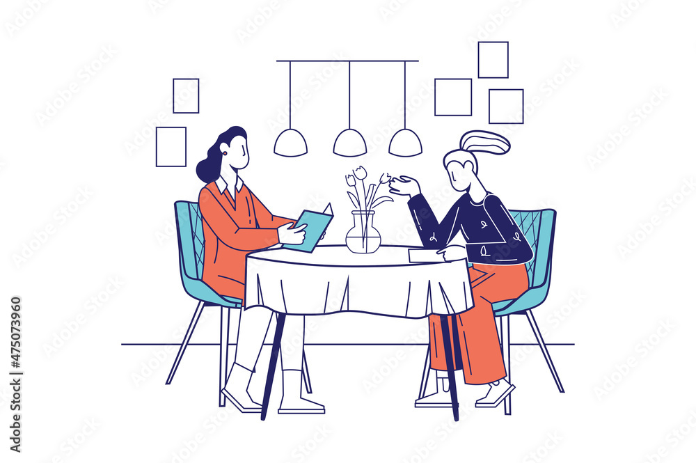 People at restaurant concept in flat line design for web banner. Women sit at table in cafe, choose dishes from the menu and talk, modern people scene. Vector illustration in outline graphic style