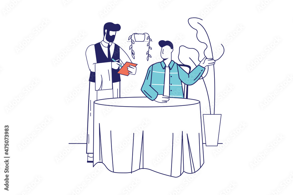People at restaurant concept in flat line design for web banner. Man sitting at table in cafe and making dishes order to waiter, modern people scene. Vector illustration in outline graphic style