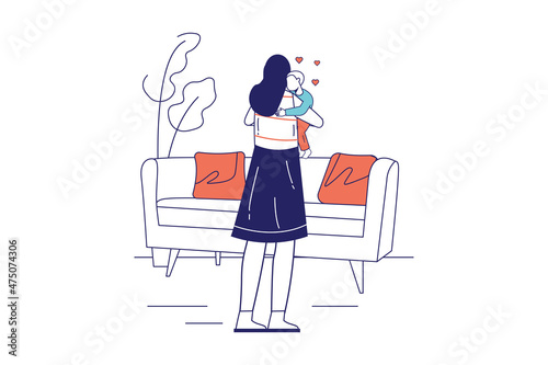 Mothers day concept in flat line design for web banner. Mother hugging little son and child cuddling, happy motherhood and childcare modern people scene. Vector illustration in outline graphic style