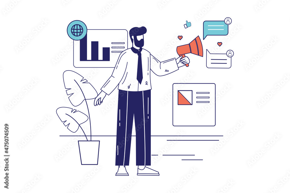 Marketing concept in flat line design for web banner. Man with loudspeaker promotes business, attracts customers on social networks, modern people scene. Vector illustration in outline graphic style