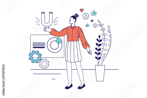 Marketing concept in flat line design for web banner. Woman with magnet attracts customers on social networks, promotes business, modern people scene. Vector illustration in outline graphic style