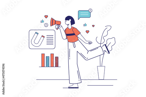 Marketing concept in flat line design for web banner. Woman with loudspeaker and magnet attracting new customers, online promotion, modern people scene. Vector illustration in outline graphic style