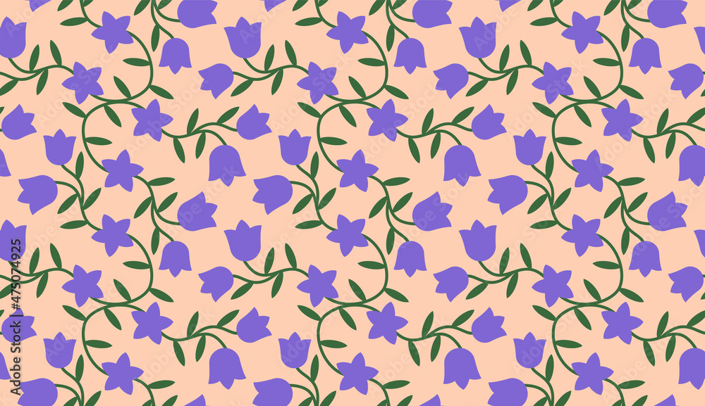 Seamless pattern with Campanula (Platycodon) flowers. Endless floral texture. Vector colorful illustration.