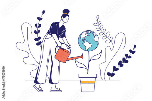 Earth day concept in flat line design for web banner. Woman waters planet from watering can. Environmental care and eco friendly, modern people scene. Vector illustration in outline graphic style