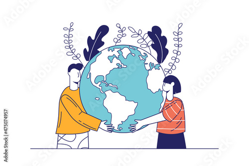 Earth day concept in flat line design for web banner. Woman and man hugging planet globe. Environmental protection, eco friendly, modern people scene. Vector illustration in outline graphic style