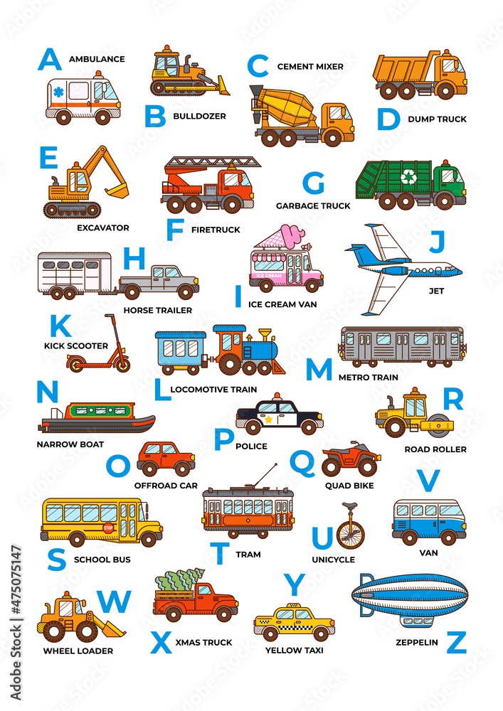 English Alphabet car transport. ABC print. Cartoon Stock Vector | Adobe  Stock