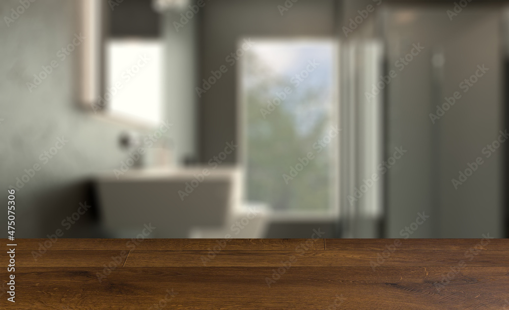 Fototapeta premium Bathroom interior bathtub. 3D rendering.. Background with empty table. Flooring.