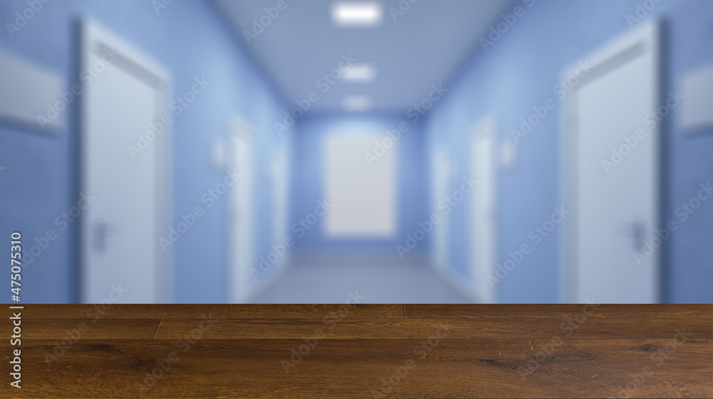 The Corridor in office building. 3D rendering . Mockup.   Empty. Background with empty table. Flooring.