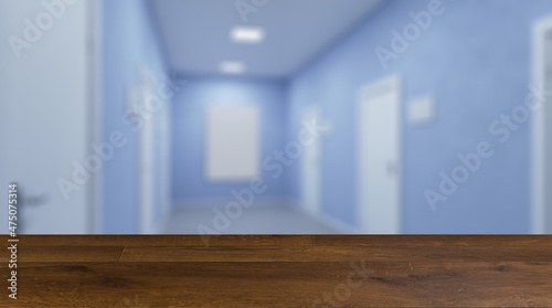 The Corridor in office building. 3D rendering . Mockup.   Empty. Background with empty table. Flooring.