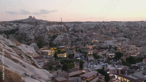 Cappadocia city view at sunset and Uchisar Castle, Cappadocia, Turkey.