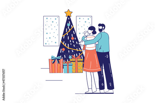 Merry Christmas concept in flat line design for web banner. Mom and dad hug little son near holiday tree at festive celebrate party, modern people scene. Vector illustration in outline graphic style