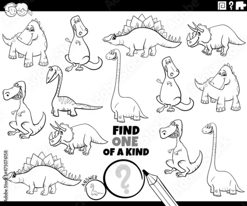 one of a kind game with cartoon dinosaurs coloring book page