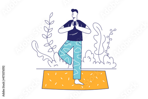 Yoga training concept in flat line design for web banner. Man practicing asanas outdoors, trains balance. Healthy lifestyle, wellness modern people scene. Vector illustration in outline graphic style