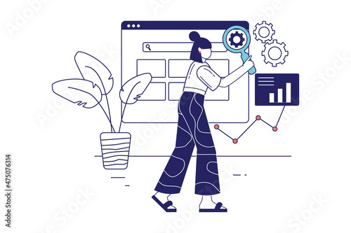 SEO concept in flat line design for web banner. Woman settings search engine, analyzes data, optimization and improvement web pages, modern people scene. Vector illustration in outline graphic style