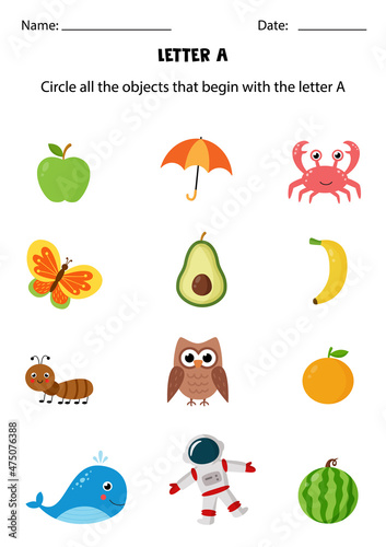 Letter recognition for kids. Circle all objects that start with A.