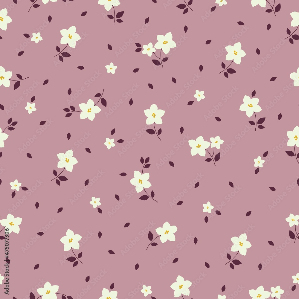 Vintage pattern. cute white flowers, burgundy leaves. dark pink background. Seamless vector template for design and fashion prints.
